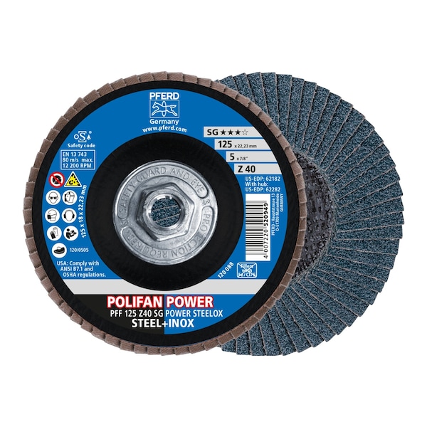 Pferd 5" x 5/8-11 Thd. POLIFAN Flap Disc - Z SG POWER STEELOX, Zirconia, 40 Grit, Flat 62282 - main